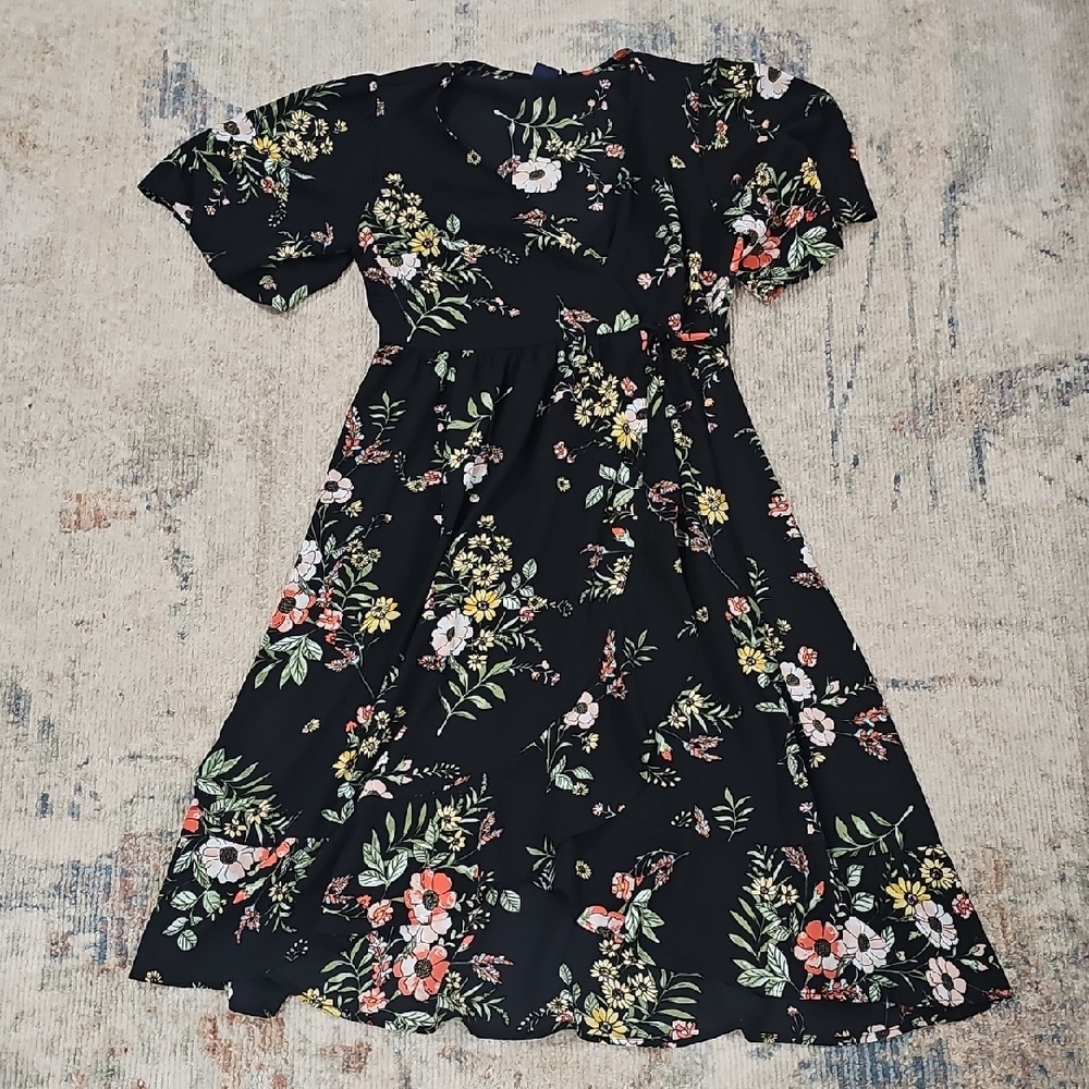 Kaari Blue Womens Black Floral Wrap Dress‎ Size S